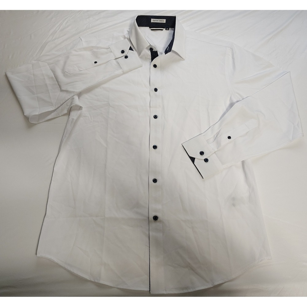 Four Way Stretch Mens Long Sleeve Button Down Dress Shirt White Polka Dot M